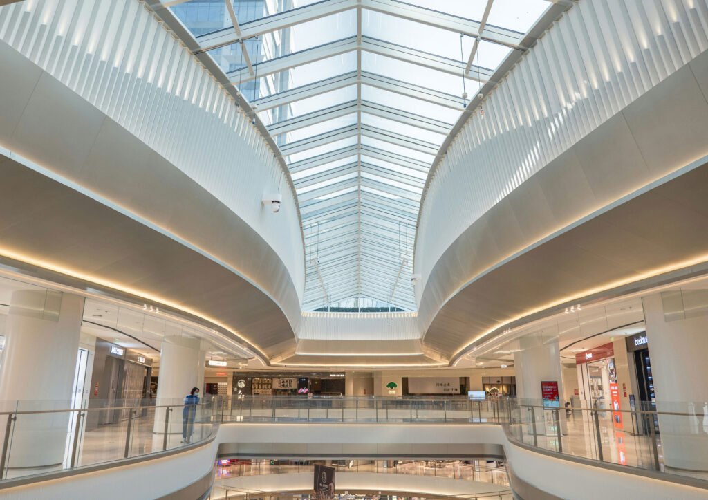 A large atrium with a skylight above it