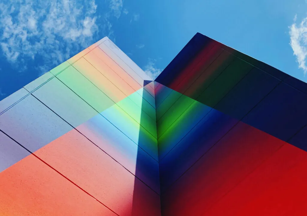 Multicoloured building viewed from below