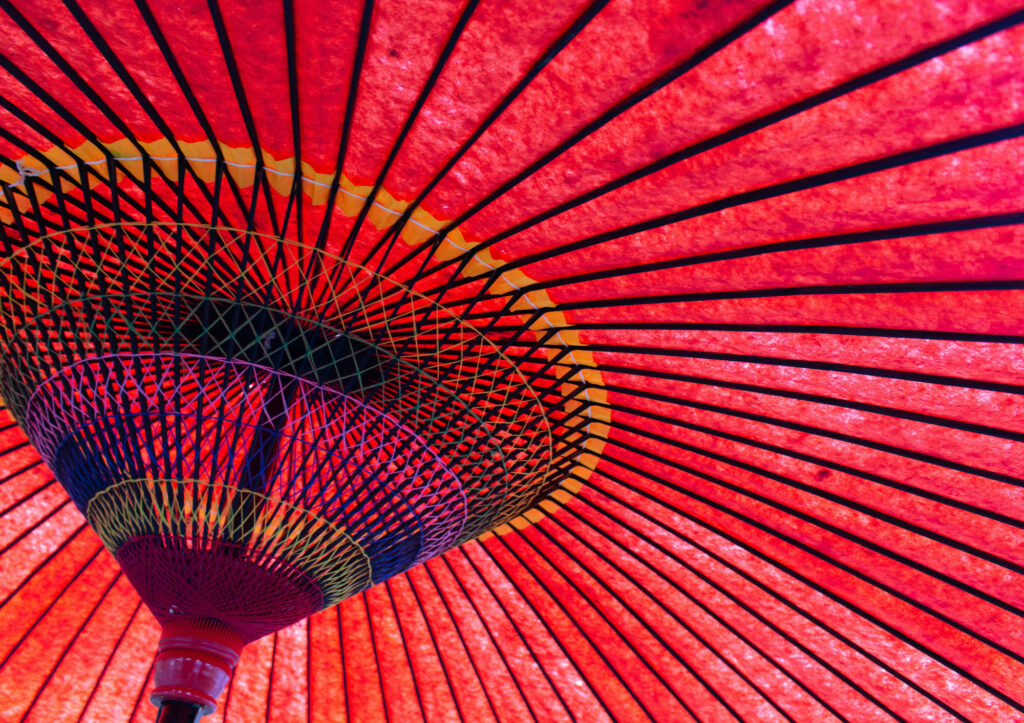 Close up of a red and black hand fan