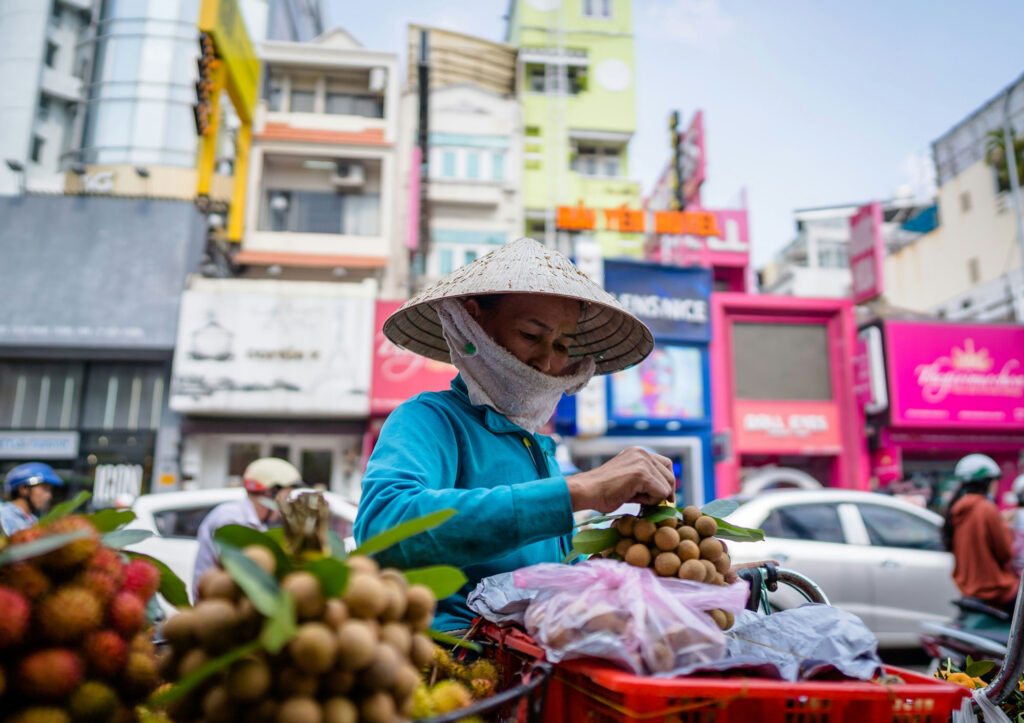 Woman in blue long sleeve shirt and brown straw hat holding a bag of fruit