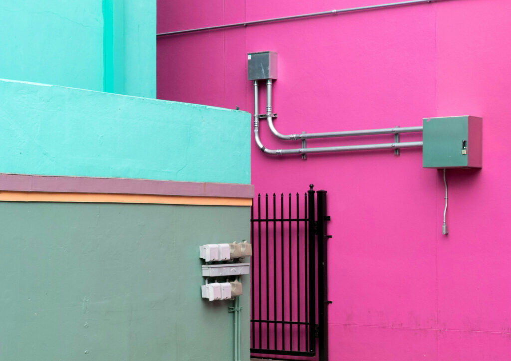 Back entrance to a colourful building