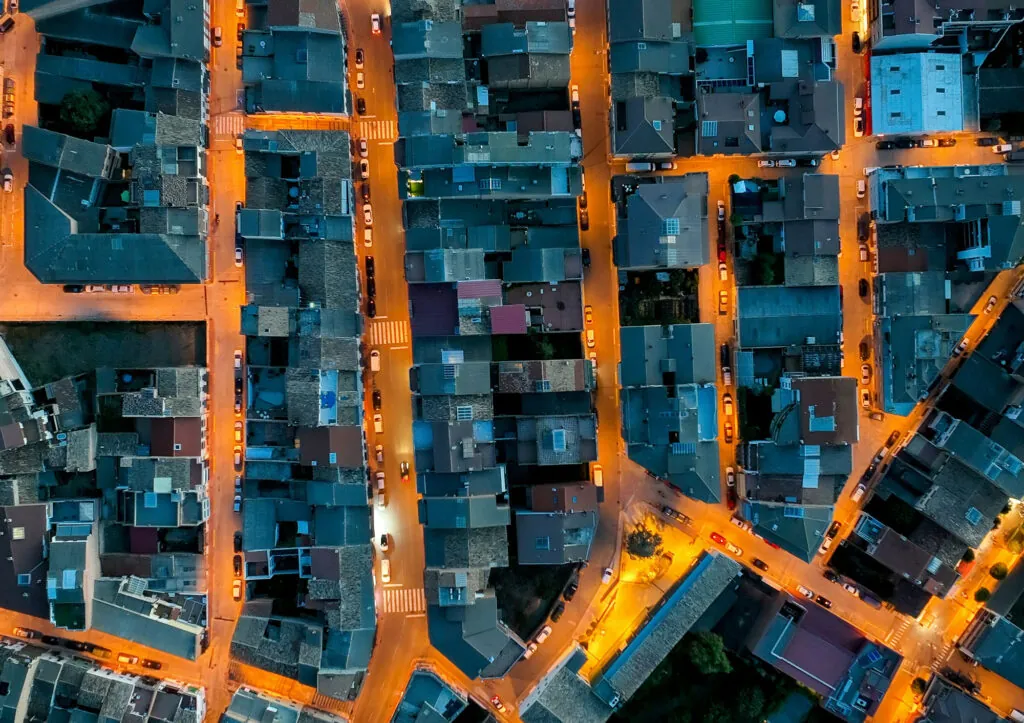 An aerial view of a city at night